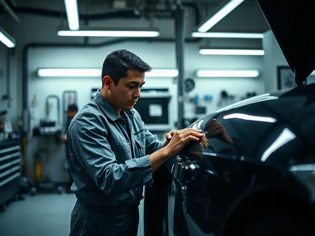 A high-resolution image of a professional mechanic working diligently on a luxury vehicle in a well-lit modern workshop. The mechanic is focused and wearing a clean uniform, showcasing attention to detail. The background features sleek tools and equipment, emphasizing a premium atmosphere with deep shadows and dramatic lighting, highlighting the meticulous nature of the work.