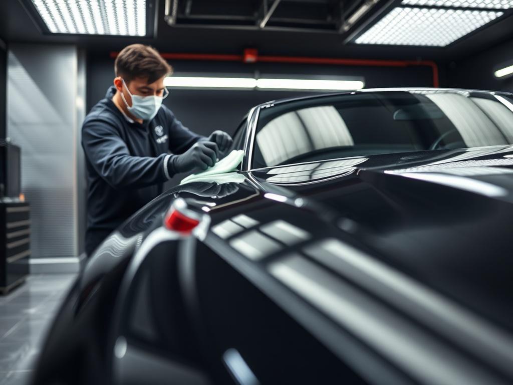 A luxurious car detailing scene showcasing a high-end vehicle being meticulously polished by a professional detailer. The car is parked in a sleek, modern garage with a black background and metallic accents. Focus on the detailer applying a ceramic coating, with close-up shots emphasizing the shine and clarity of the car's surface. The setting should convey a premium, elite atmosphere, with high-resolution imagery that captures the essence of luxury car care.