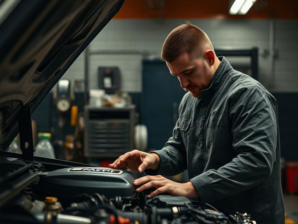 A technician examining a car engine in a high-end auto workshop, showcasing professionalism and attention to detail with rich contrasts.