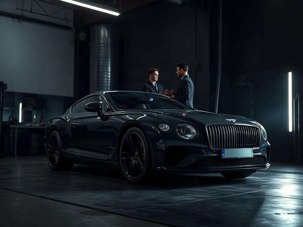 A luxurious car in a sleek, modern workshop setting, emphasizing a professional consultation atmosphere with deep shadows and dramatic lighting.