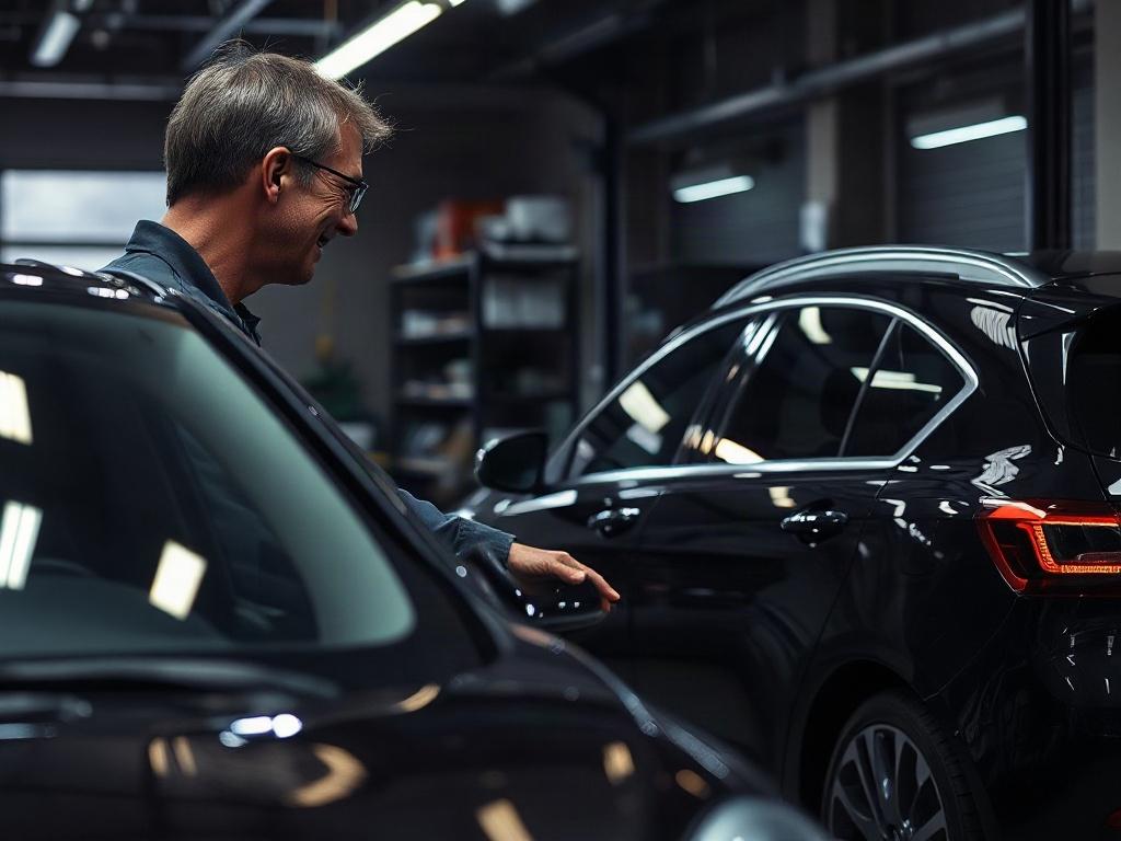 A satisfied customer inspecting their car post-service in a luxurious workshop environment, with emphasis on quality and satisfaction.