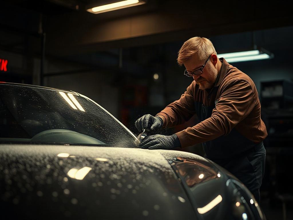 A technician performing a detailing service on a luxury car, showcasing the meticulous process in dramatic lighting.