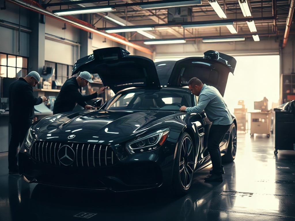 A high-resolution image of technicians diligently working on a luxury car in a well-lit workshop, showcasing their focused attention to detail on both mechanical and aesthetic tasks.