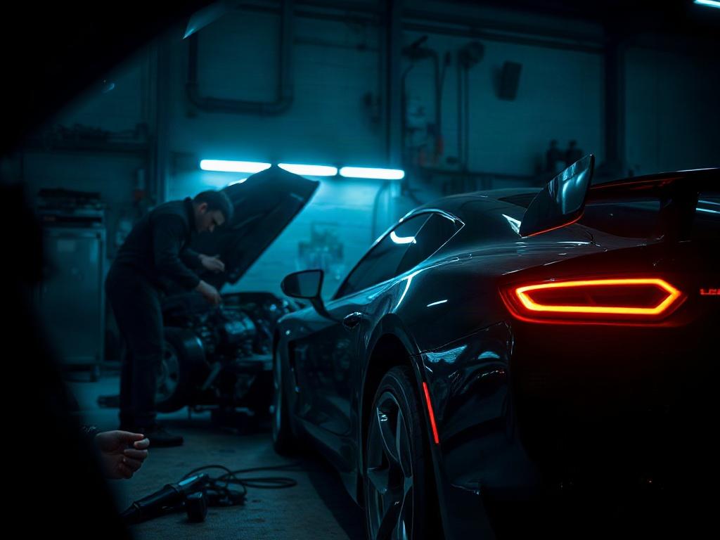 A high-resolution image of a mechanic inspecting a luxury sports car in a dimly lit workshop, focusing on intricate details such as the engine and bodywork, with a dramatic backdrop highlighting the car's sleek curves.