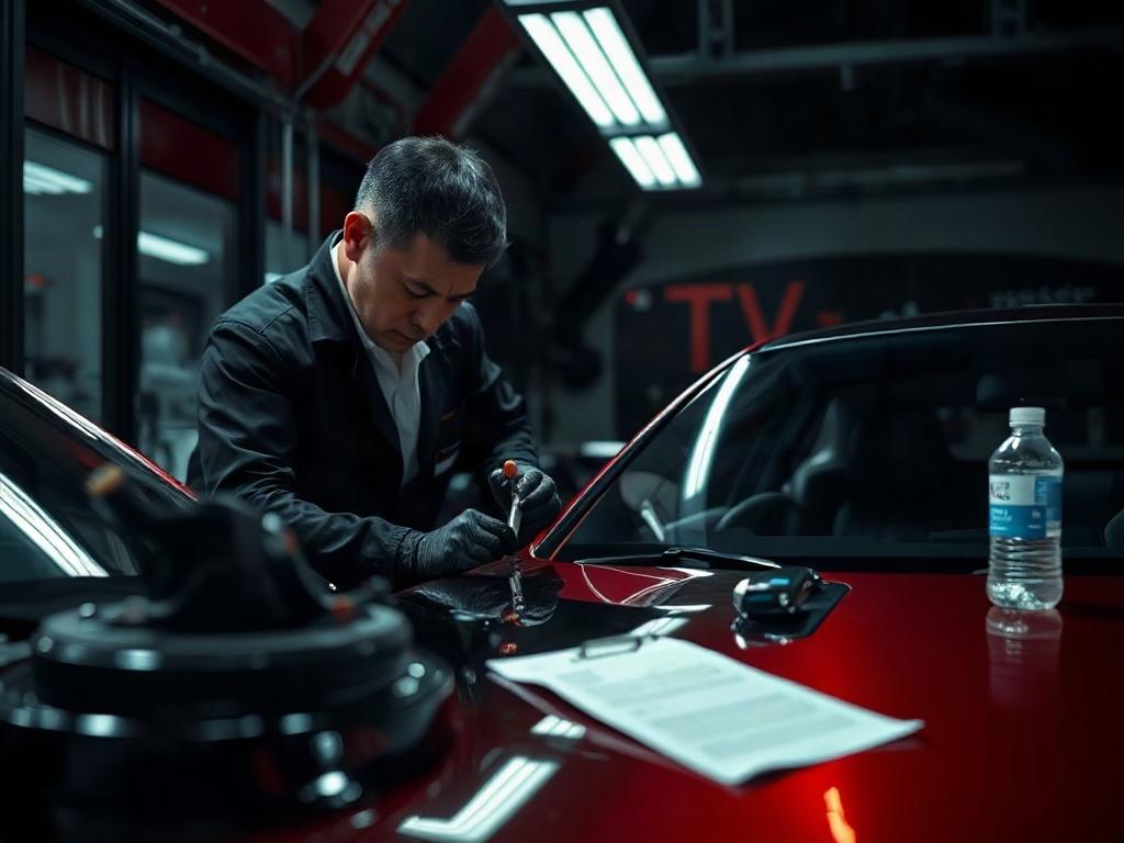 A high-resolution image of a technician conducting a final inspection on a polished luxury car, with tools and quality checklists visible, highlighting the meticulous care taken in the process.