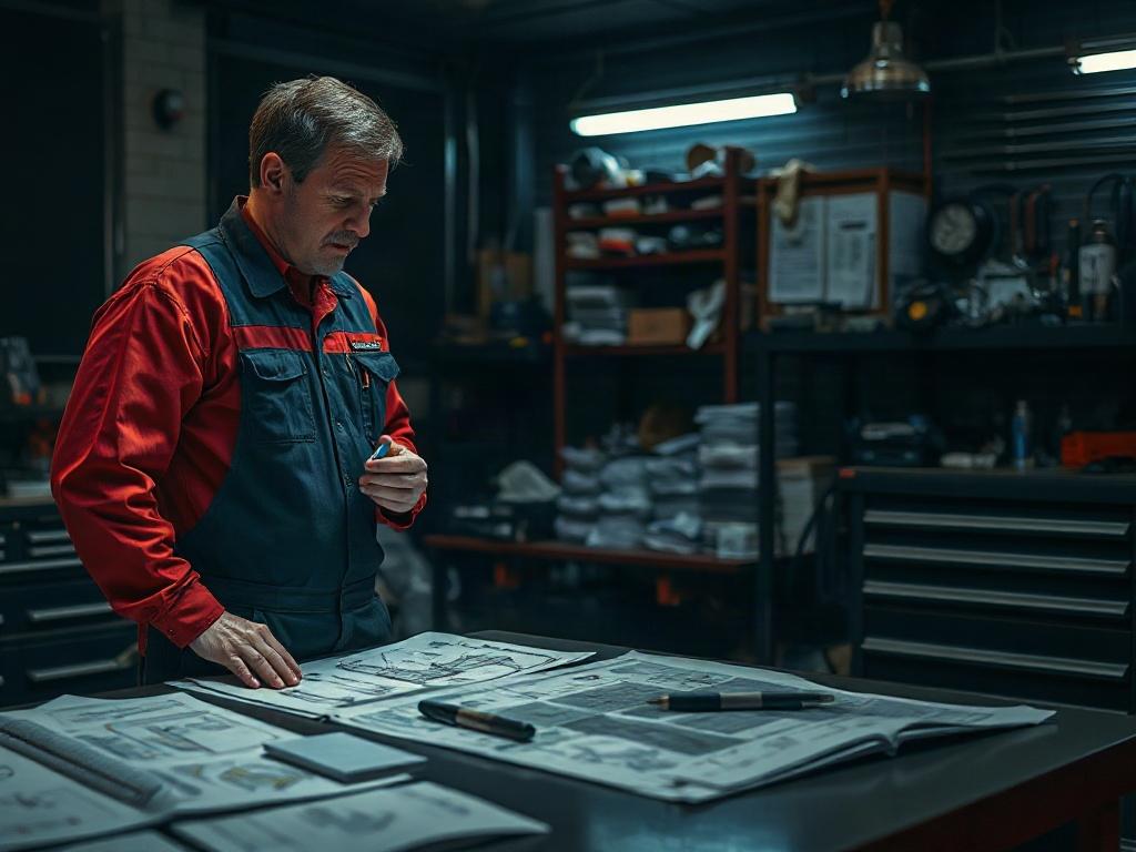 A high-resolution image of a mechanic and a customer discussing a detailed service plan, with diagrams and notes spread out on a workbench, showcasing an organized and professional environment.