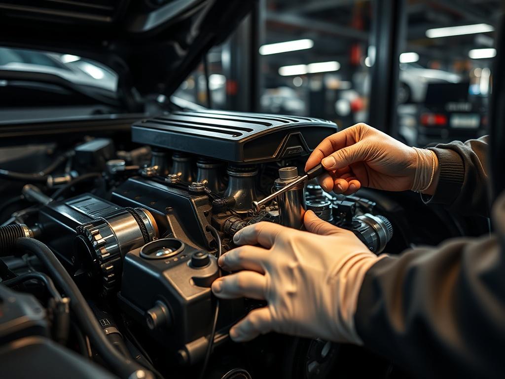 A high-resolution close-up shot of a luxury car engine being repaired. The focus should be on skilled hands of a mechanic working meticulously on the engine components, showcasing high-quality tools and attention to detail. The background should be a sleek, modern auto repair workshop with premium lighting that highlights the elegance of the space. Emphasize the premium feel with a black and metallic color scheme, conveying a sense of luxury and professionalism.