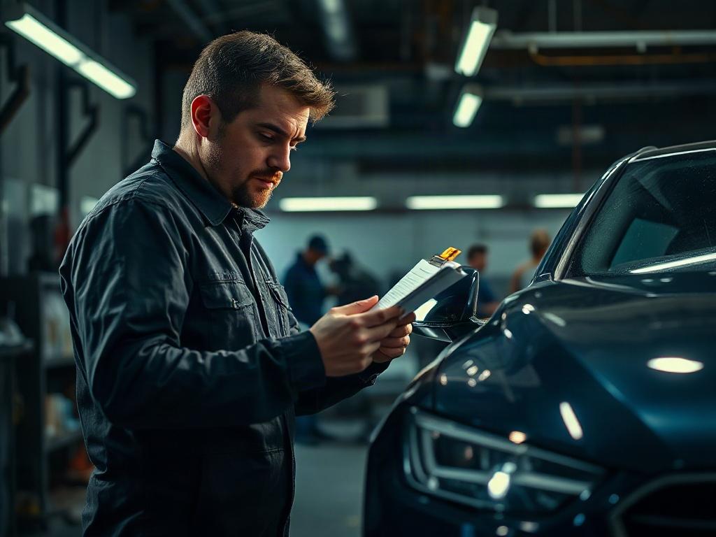 A technician performing a final quality check on a car, with a checklist in hand, in a pristine workshop, symbolizing quality assurance.