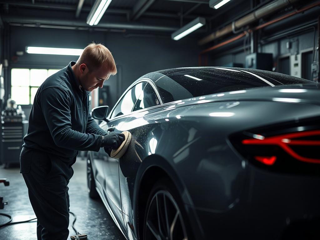 A technician meticulously polishing a luxury car in a workshop, surrounded by professional detailing tools, illustrating precision and quality.