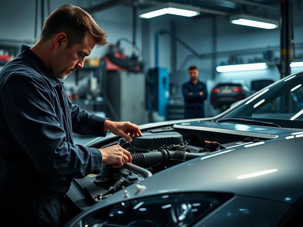 A mechanic examining a luxury car's engine in a well-lit workshop, with tools and high-tech equipment in the background, showcasing a professional and clean environment.