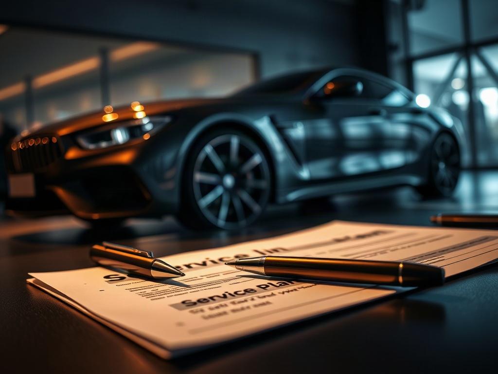A close-up of a service plan document on a desk, with a pen and a luxury car in the background, emphasizing professionalism and attention to detail.