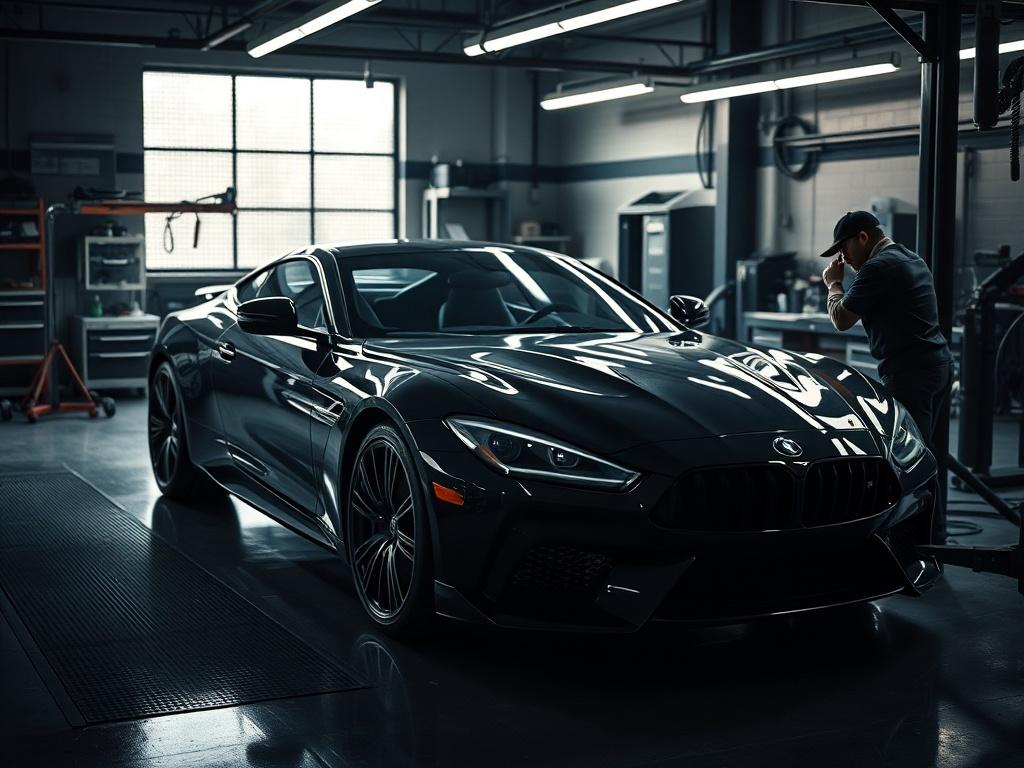 A high-resolution photo of a luxury car in a modern auto service shop, showcasing a mechanic carefully detailing the car. The lighting should highlight the sleek design of the vehicle, with dramatic shadows and rich contrasts. The background should include tools and equipment that emphasize a premium service environment, creating an intense atmosphere suitable for a high-end automotive care experience.