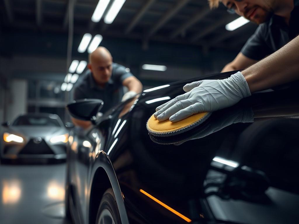 A close-up of a luxury car being detailed, showcasing a technician polishing the car's surface with a high-gloss finish. The background is a sleek, modern auto workshop with dramatic lighting highlighting the intricate details of the car. The atmosphere is focused and professional, evoking a sense of premium service.