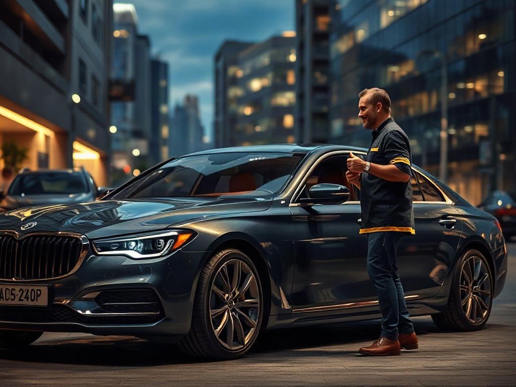 A luxury car parked in a stylish urban setting with a friendly service technician assisting a customer. The scene conveys a sense of premium service and convenience, showcasing the technician explaining the service details with a smile. The background features a modern cityscape, enhancing the atmosphere of sophistication.