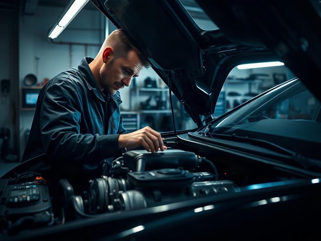 A technician inspecting an engine in a luxury car, displaying modern diagnostic equipment and tools around. The focus is on the technician's focused expression and the intricate details of the engine components. The workshop has a clean, premium appearance with soft lighting that enhances the professional environment.