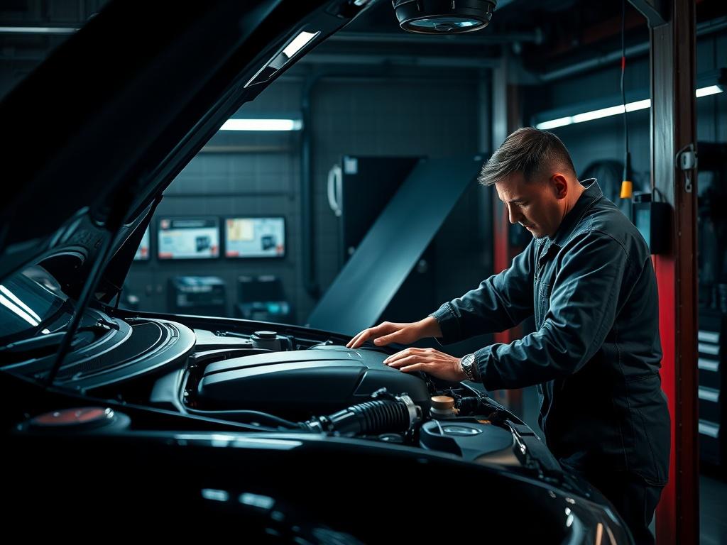 A high-resolution image of a mechanic working on a luxury car engine, with tools and diagnostic equipment around. The garage should be well-lit, emphasizing the professionalism and quality of the repair work.