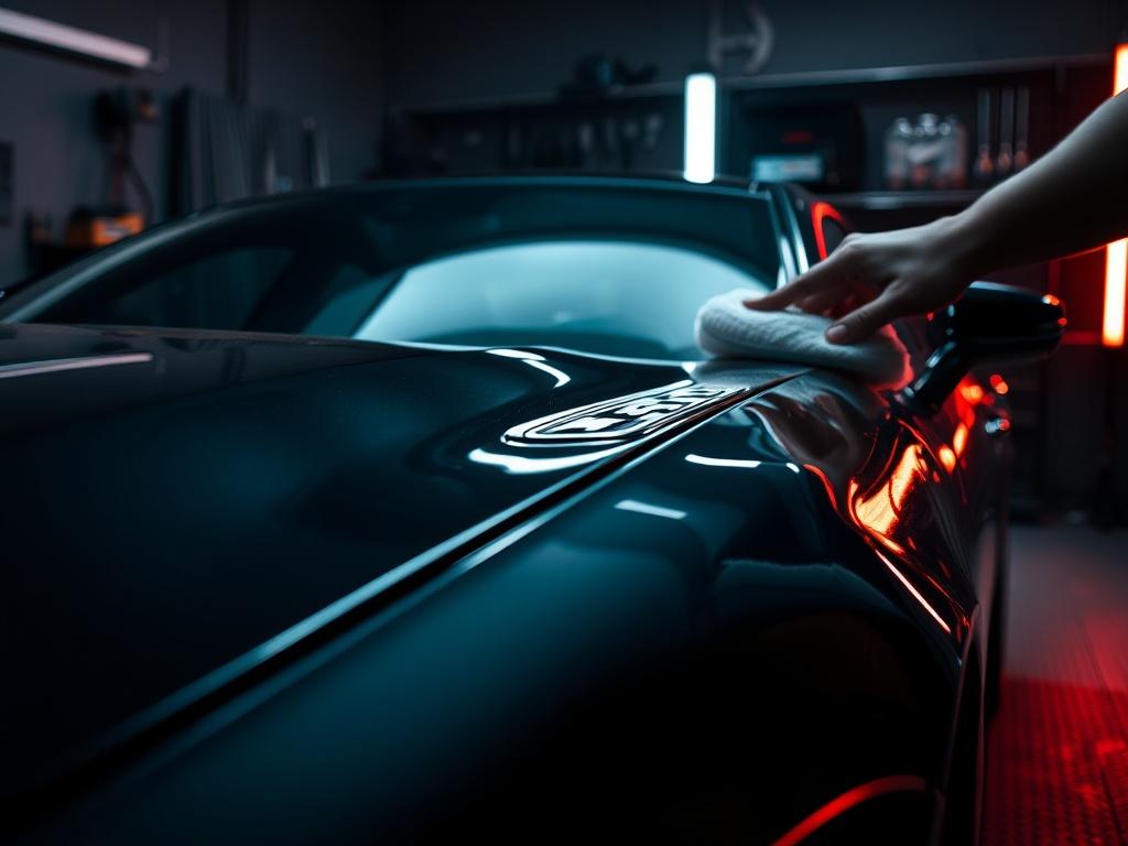 A high-resolution image of a luxury car being polished in a dimly lit garage, showcasing the shiny surface with reflections. The background should have tools and equipment that reflect a high-end detailing service atmosphere.