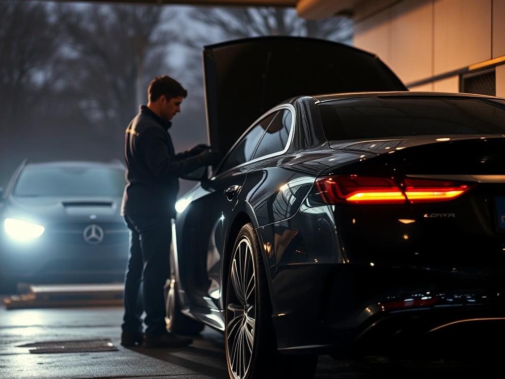 A high-resolution image of a technician providing mobile car service at a customer's location, showcasing the technician's professionalism and the luxury vehicle being serviced. The background should reflect an outdoor setting.