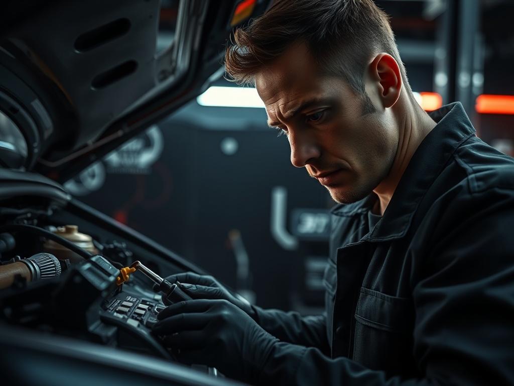 A close-up view of a technician examining a car's electrical system, with diagnostic tools in hand, in a modern workshop setting. The background should feature sleek, high-tech equipment and a black backdrop, with dramatic lighting highlighting the technician's focused expression.