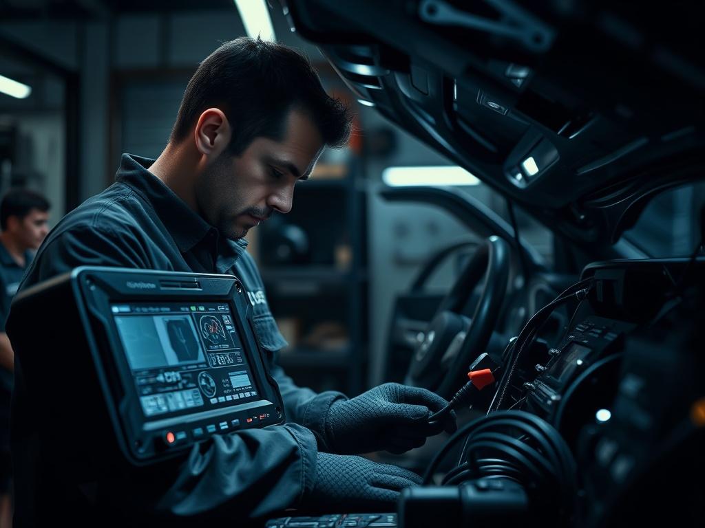 A technician performing final tests on a vehicle's electrical system, with diagnostic equipment in use, in a polished workshop environment. The atmosphere should convey professionalism and attention to detail.