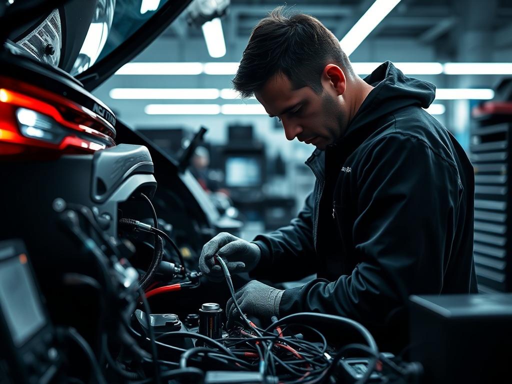 A technician working on a car's intricate wiring harness, surrounded by diagnostic tools and equipment, in a well-lit automotive workshop. The image should capture the attention to detail and expertise in a sleek, modern environment.