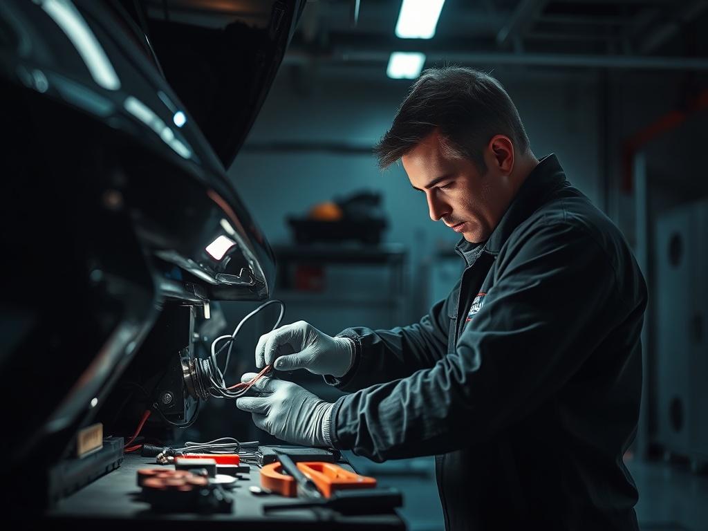 An action shot of a technician repairing a car's electrical circuit, focused and precise in their work, with tools arranged neatly nearby. The background should be a modern garage setting with a sleek aesthetic.
