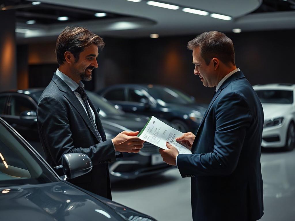 A professional concierge assisting a client with vehicle registration paperwork in an upscale office setting. The backdrop features luxury cars, highlighting the premium nature of the service, while the concierge exudes professionalism and attentiveness.