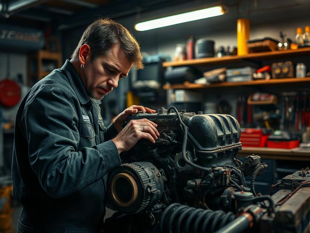 A skilled mechanic working intently on an engine in a well-lit workshop, with tools and parts neatly organized around. The mechanic is focused on repairing a complex engine component, showcasing precision and expertise in automotive repair.
