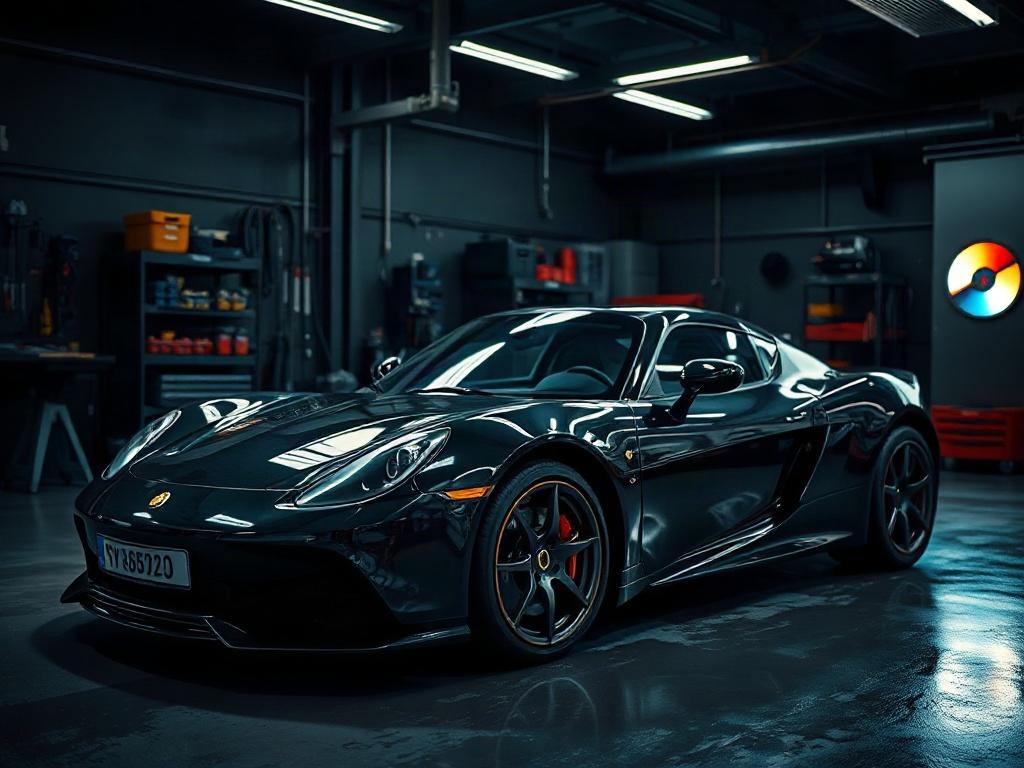 A sleek, high-end sports car being detailed in a modern workshop, with dramatic lighting highlighting the car's curves and reflections on its surface. The background shows well-organized detailing tools and a clean workspace, emphasizing professionalism and care in auto detailing.