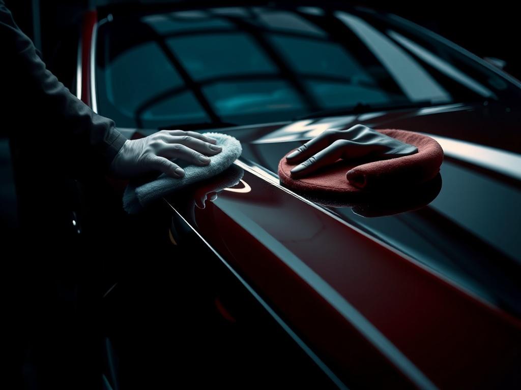 A high-resolution image depicting a luxury car being polished by a professional, showcasing the shine and smoothness of the surface. The background should be dark, emphasizing the car's reflective finish with rich contrasts.