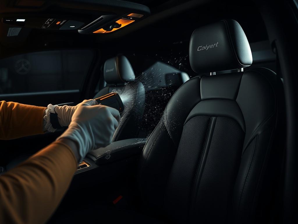 A high-resolution image of a luxury car interior being cleaned, showcasing the cleanliness and freshness of the upholstery. The setting should have dramatic lighting to highlight the textures and colors of the interior materials.