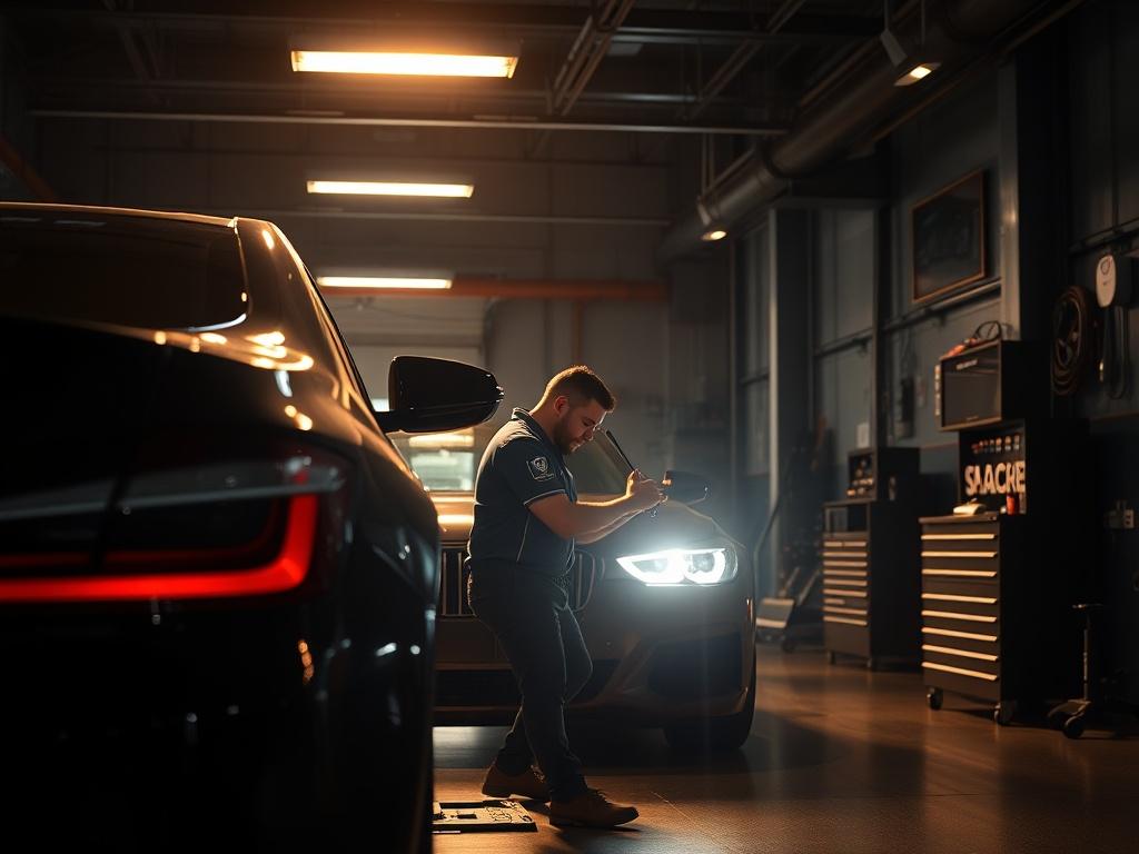 Create a high-resolution photo of a sleek, modern auto workshop with dramatic lighting and deep shadows. The focus should be on a skilled technician working on a luxury vehicle, showcasing attention to detail and professionalism. The background should emphasize a clean, organized environment with high-end tools and equipment, enhancing the atmosphere of premium auto care.