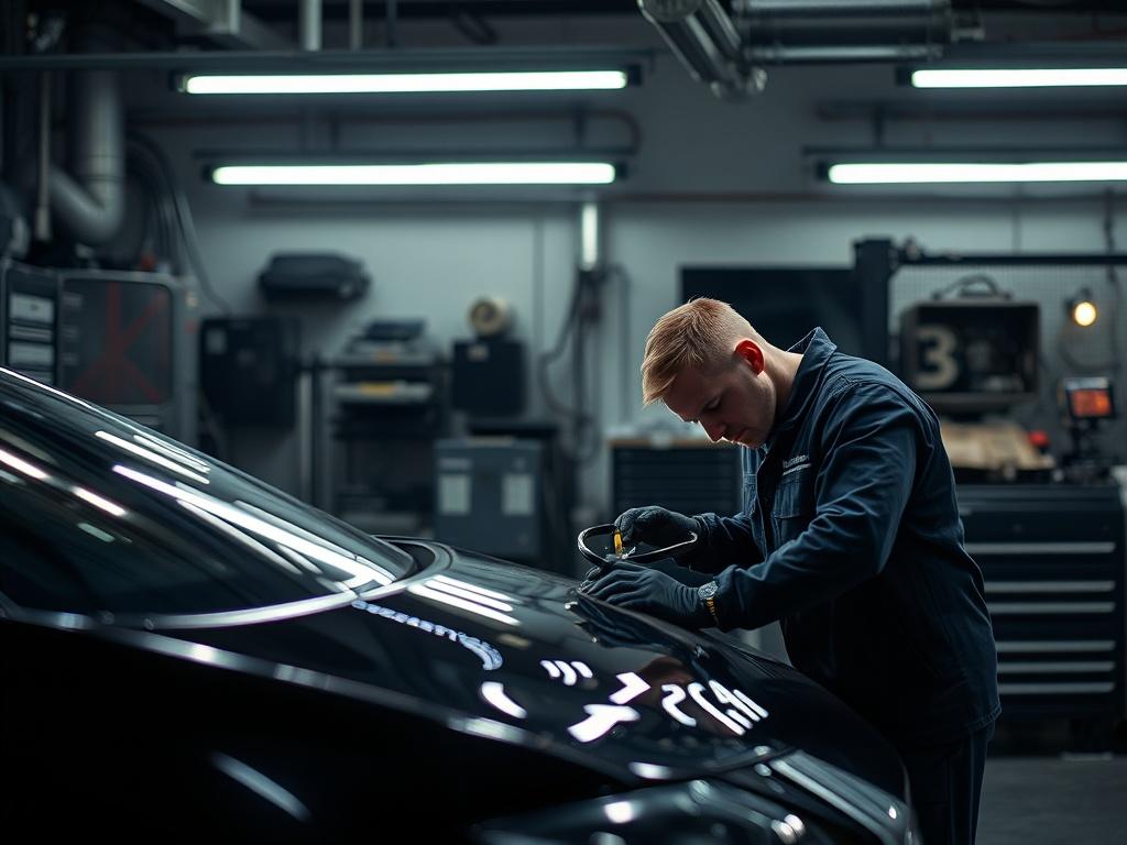 A skilled technician working on a luxury car in a sophisticated workshop. The scene captures the technician focused on a detailed task, showcasing their expertise. The background features modern tools and equipment, with dramatic lighting that highlights the car's sleek design. The overall atmosphere is one of professionalism and premium service, with rich contrasts and deep shadows enhancing the scene.