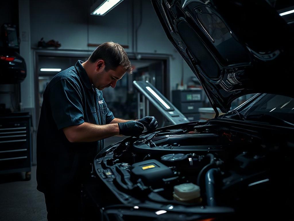 A professional technician inspecting the engine of a luxury car in a modern workshop, with tools and equipment neatly arranged, deep shadows and dramatic lighting enhancing the scene, highlighting the technician's focus and expertise.