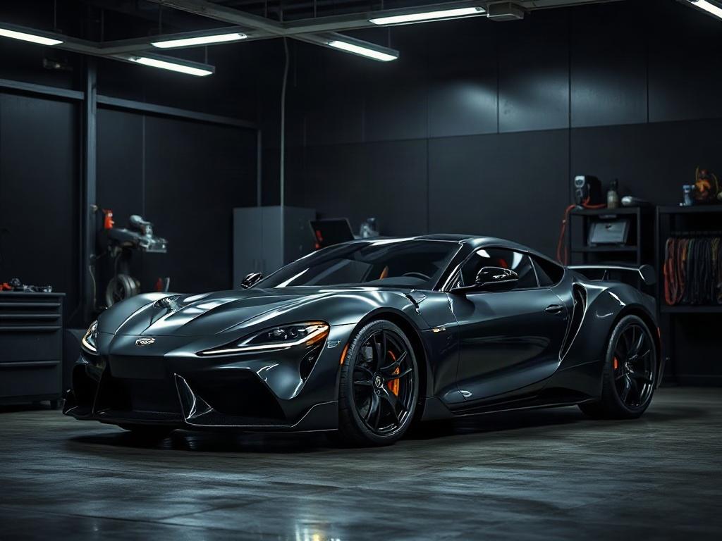 A sleek, high-end sports car in a modern detailing bay, surrounded by premium detailing equipment, with dramatic lighting highlighting the car's glossy finish, deep shadows creating a rich contrast, and a black background to emphasize the car's metallic accents.
