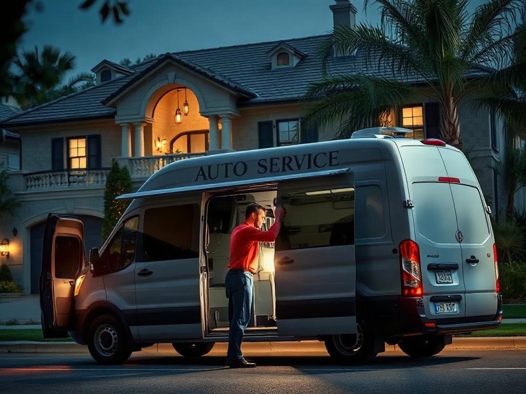 A mobile auto service van parked in front of an upscale residential area, showcasing a technician performing maintenance on a luxury vehicle, with a backdrop of elegant homes and lush greenery, captured in dramatic lighting to emphasize the convenience and quality of the service.