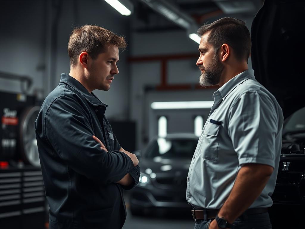 A professional technician talking to a car owner in a sleek workshop, discussing vehicle needs. The background features modern tools and a clean environment, with dramatic lighting highlighting the interaction.