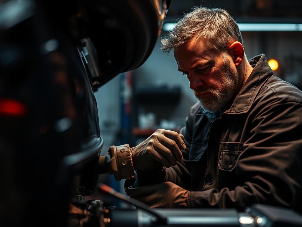 A close-up of a technician meticulously working on a vehicle in a modern workshop, highlighting attention to detail and quality. The image captures the intensity of the work with dramatic lighting and a focus on craftsmanship.
