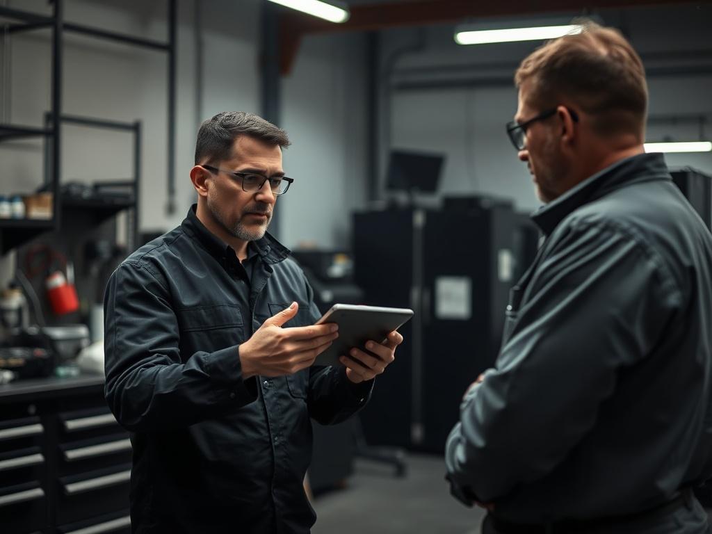 A technician presenting options to a customer in a modern workshop, discussing tailored solutions. The environment is sleek and professional, emphasizing a premium service atmosphere with rich contrasts.