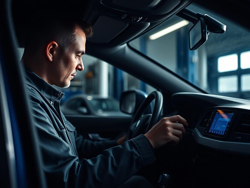 A technician using diagnostic equipment on a vehicle in a modern workshop, showcasing advanced tools and a focused environment. The lighting enhances the details of the vehicle's interior, creating a professional atmosphere.