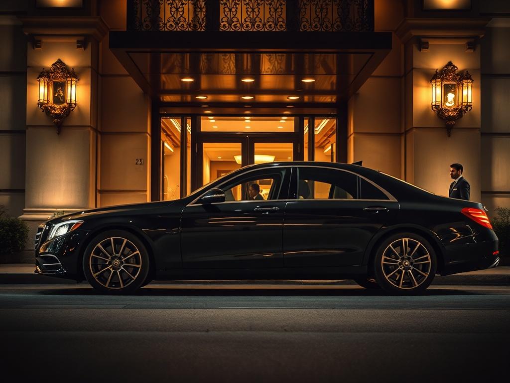 A luxurious car with a professional driver waiting outside a high-end hotel. The car is sleek and shiny, showcasing its premium features. The driver is dressed in a smart uniform, standing confidently next to the vehicle. The background features an elegant hotel entrance with rich architectural details, dramatic lighting highlighting the car and driver. The overall atmosphere exudes luxury and sophistication.