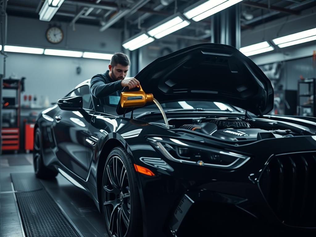 A high-resolution image of a luxury car in a service bay, with a technician pouring fresh oil into the engine. The lighting is bright, showcasing the cleanliness of the workspace and the attention to detail of the technician.