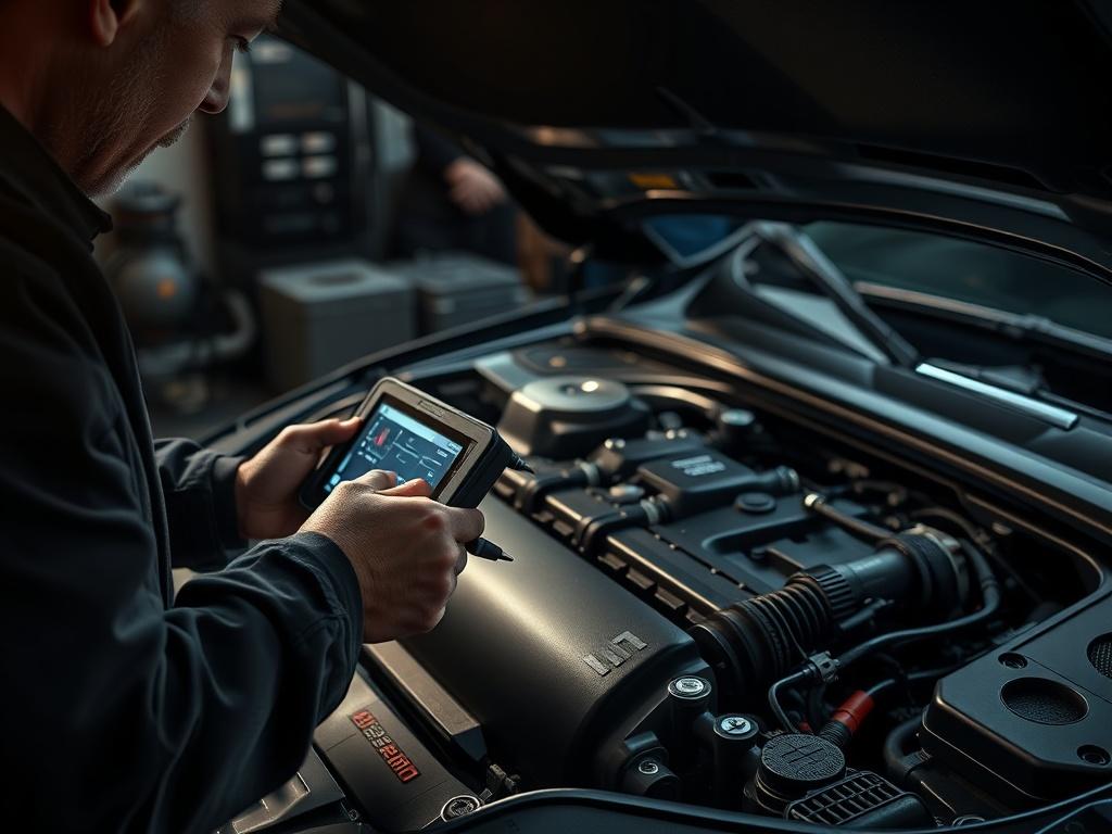 An image of a mechanic inspecting a high-end vehicle's engine using diagnostic equipment. The focus is on the mechanic's hands and the advanced tools, with the engine bay well-lit to highlight the intricate details of the engine components.