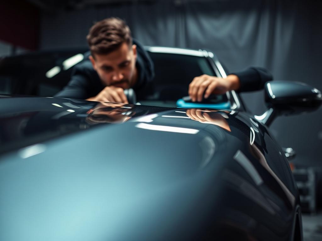 A close-up shot of a luxurious car being detailed, showcasing a detailer applying ceramic coating. The background is softly blurred, emphasizing the car's shine and the detailer's focused expression. The lighting is dramatic, highlighting the car's curves and reflections.