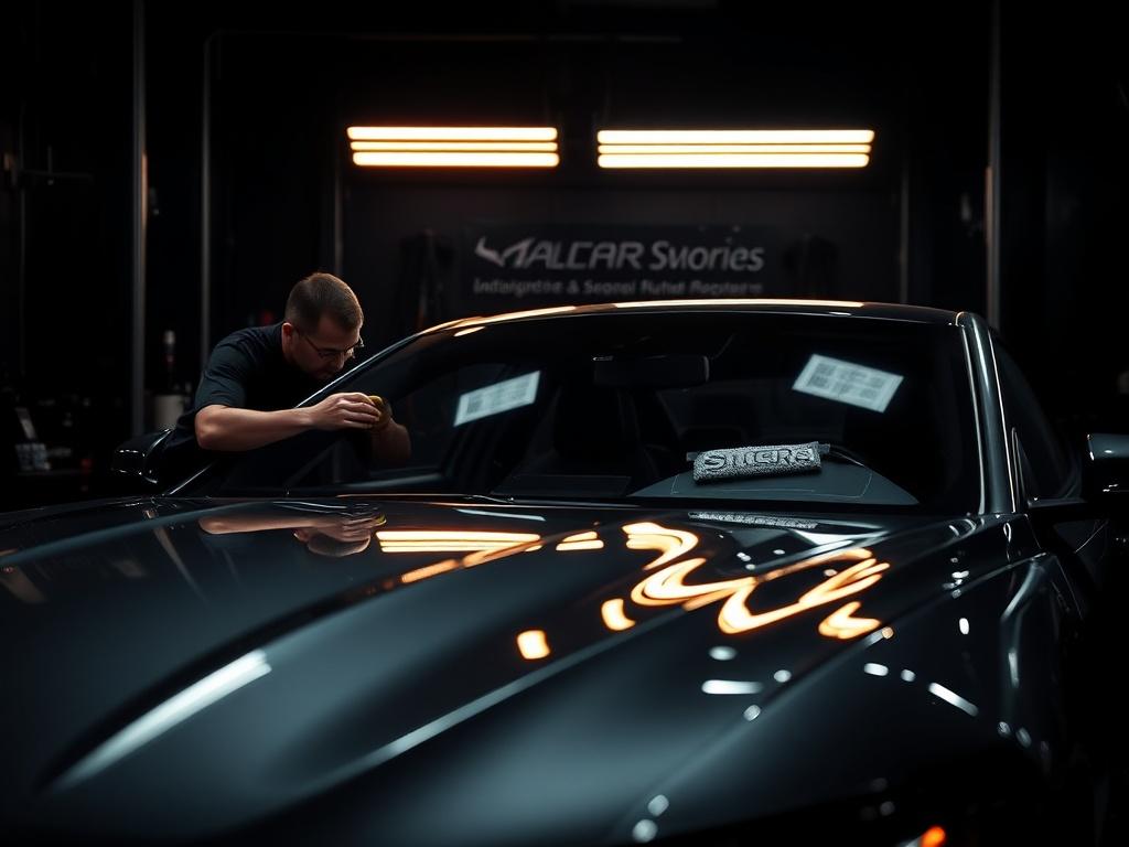 A luxurious auto detailing workshop featuring a sleek, modern car being polished by a professional detailer under dramatic lighting. The background is a minimalist black with metallic accents, emphasizing a premium atmosphere. The focus is on the detailer's skilled hands and the shiny surface of the car, capturing the elegance and care that Integra Motors Auto Concierge provides.