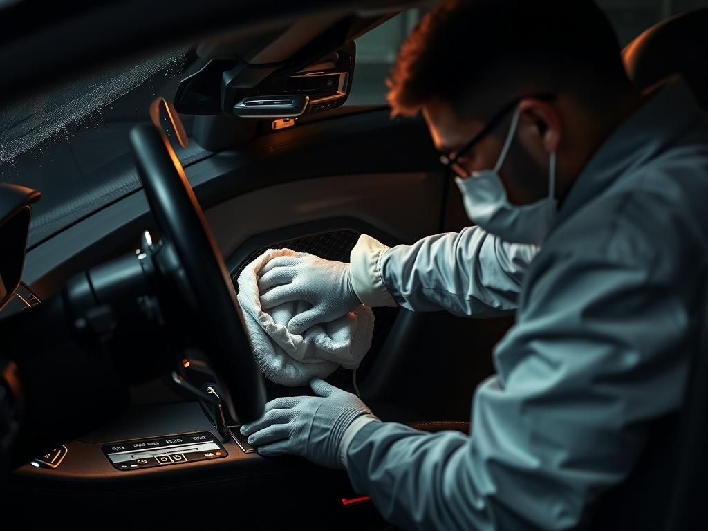 A close-up of a luxury car interior being cleaned meticulously by a detailer, highlighting attention to detail and customization in service, with rich contrasts and dramatic lighting.