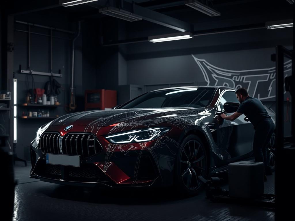 A luxury car being detailed in a modern garage setting, showcasing high-quality detailing products and tools, with dramatic lighting and deep shadows, emphasizing the premium service experience.