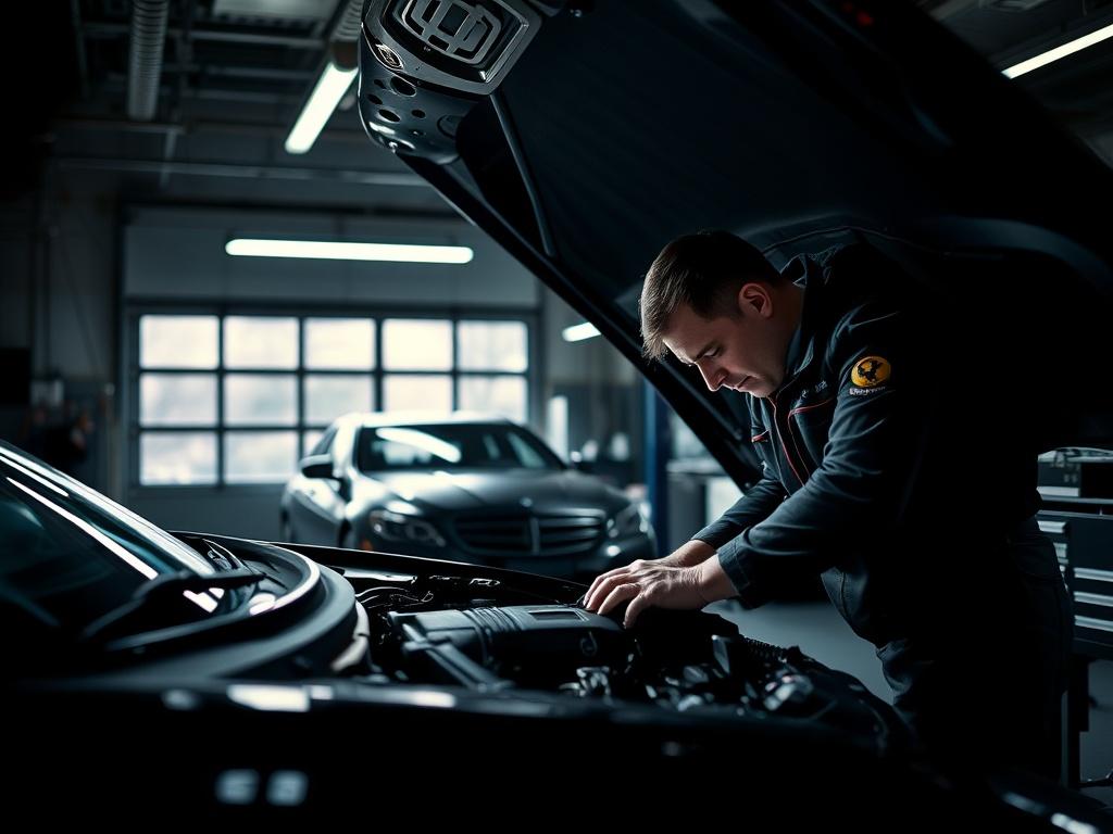 A mechanic working on a luxury car engine, showcasing expertise and precision in a well-lit modern garage, emphasizing the quality of service and advanced technology.