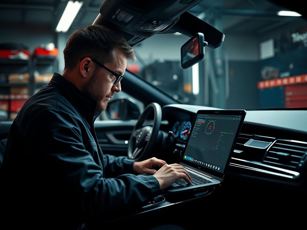 A high-resolution image of a skilled technician engrossed in car coding and ECU programming inside a modern automotive workshop. The technician is focused on a laptop connected to a luxury vehicle, showcasing the intricate dashboard and electronic components. The background features tools and equipment in a sleek, professional environment, with dramatic lighting and rich contrasts to emphasize the expertise and technology involved in the process.