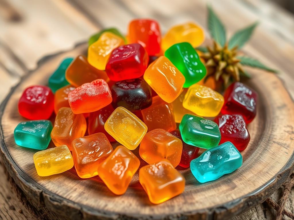 A vibrant assortment of colorful CBD gummies displayed on a